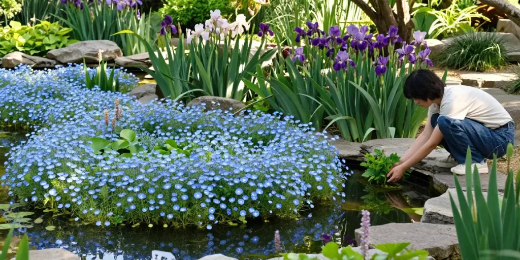 Buy Marginal Pond Plants with vibrant water plants and serene garden surroundings.