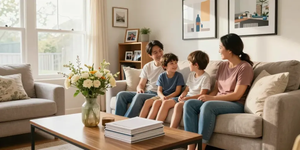 Family enjoying time together in a stylish living room, showcasing Home The Spruce inspirations for cozy interiors.