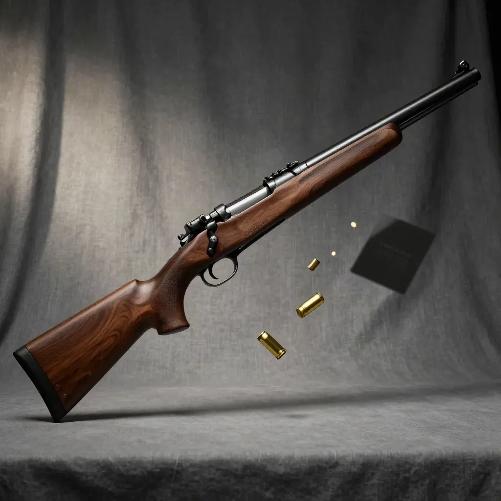 Matte walnut-and-steel rifle floating with brass casings on a charcoal backdrop.