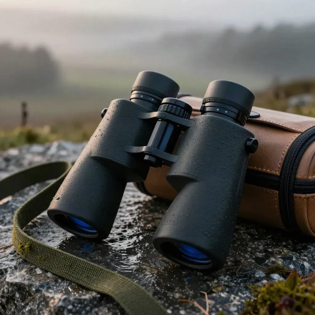 Macro binoculars on wet granite at dawn with strap, case, and fog