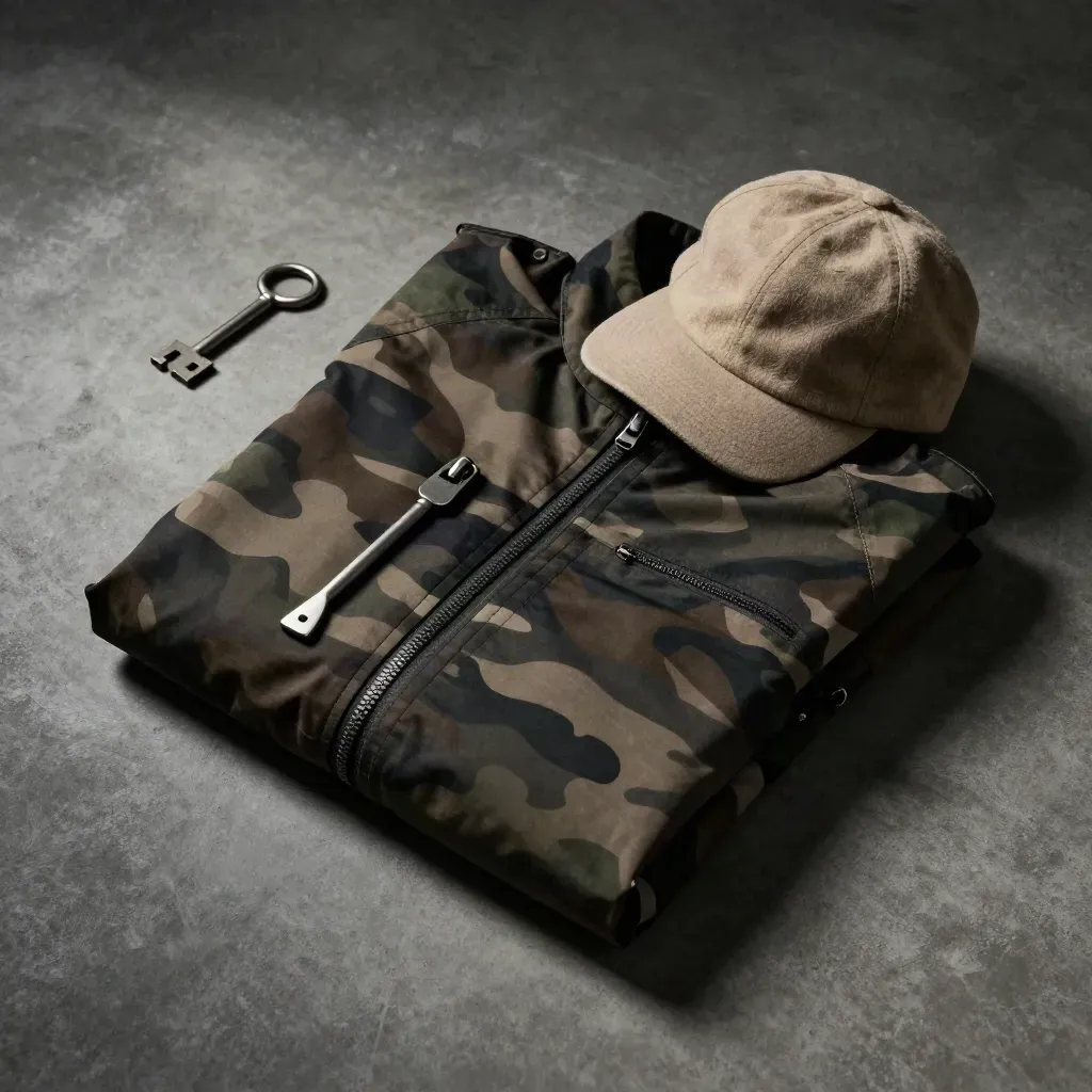 Overhead flatlay of a camo hunting jacket with cap and zipper pull on concrete.