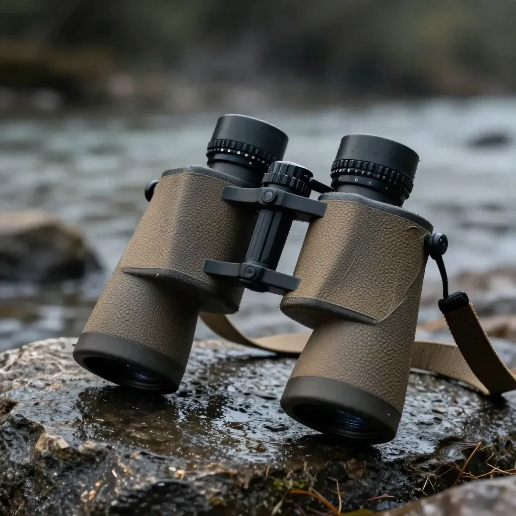 Macro of binoculars on wet river stone with a tan cloth and misty drizzle.