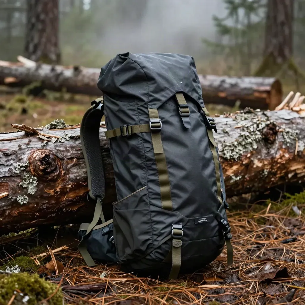 Pack leaning on a deadfall log in misty forest light