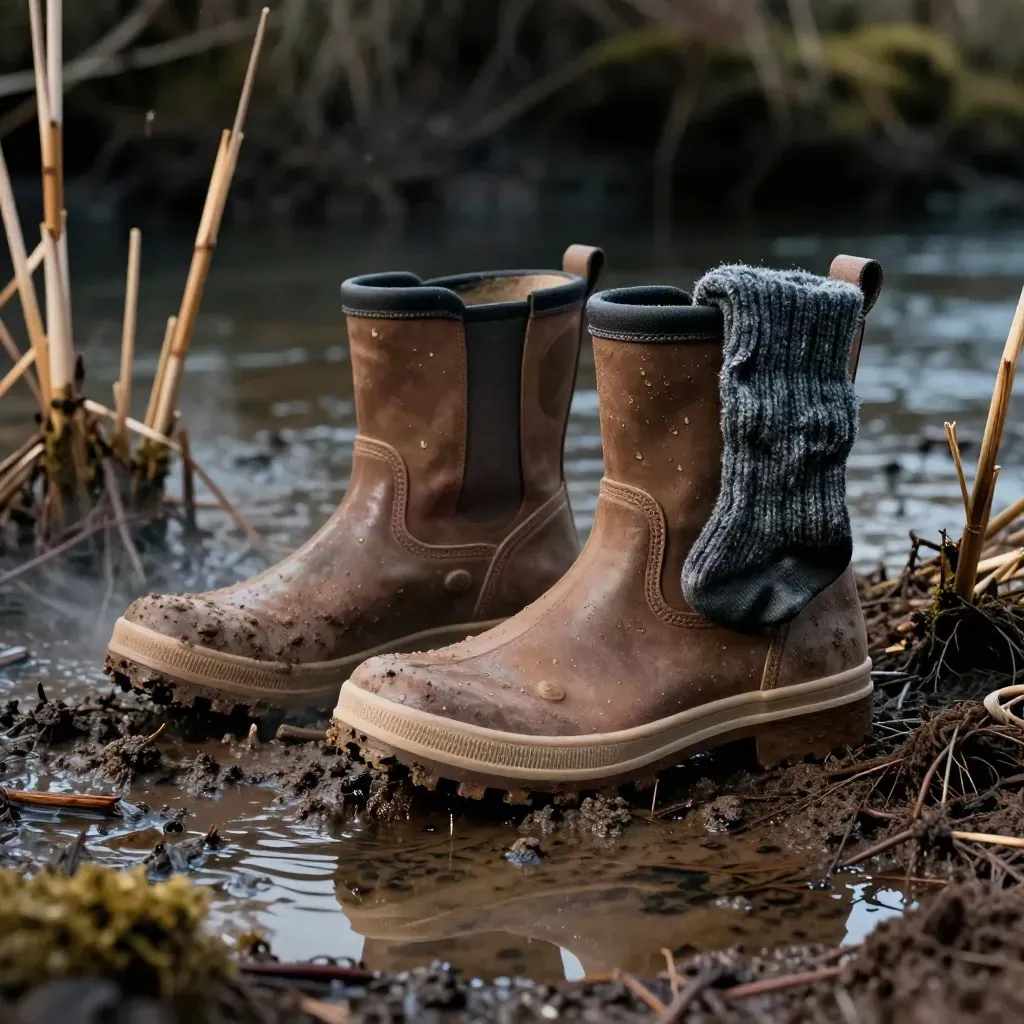 Muddy hunting boots planted in creekside clay with folded wool socks beside them.