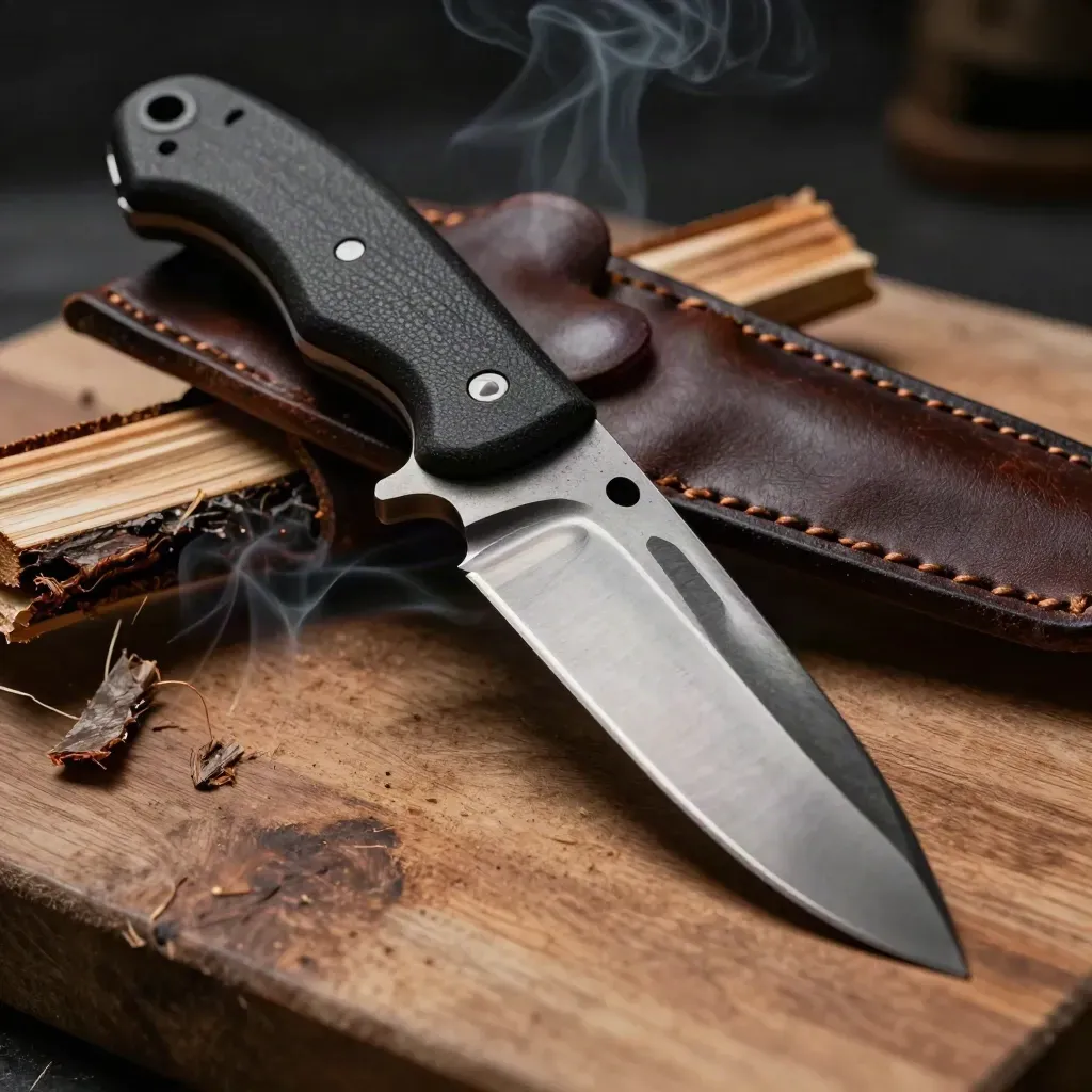 Macro of a knife half-drawn from a leather sheath beside kindling and hide scraps in smoke