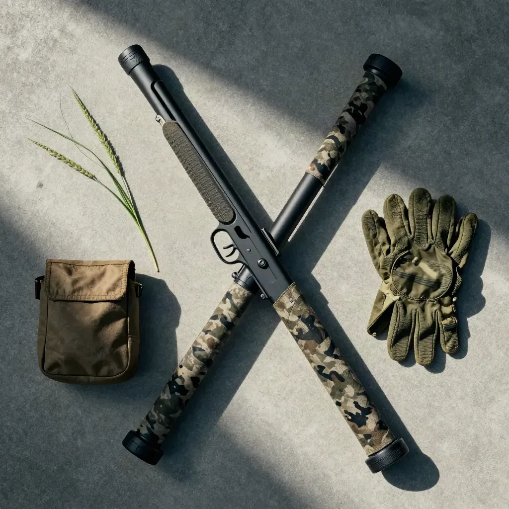 Overhead flatlay of a folded hunting support stick with pouch, glove, and grass on concrete.