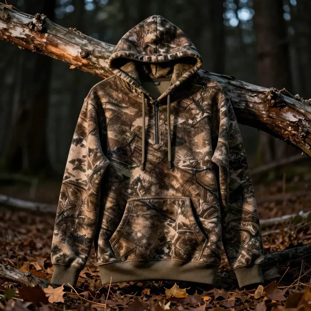 Bottomland camo fleece hoodie hanging from a branch in dusky timber, lit with cool rim light and haze.