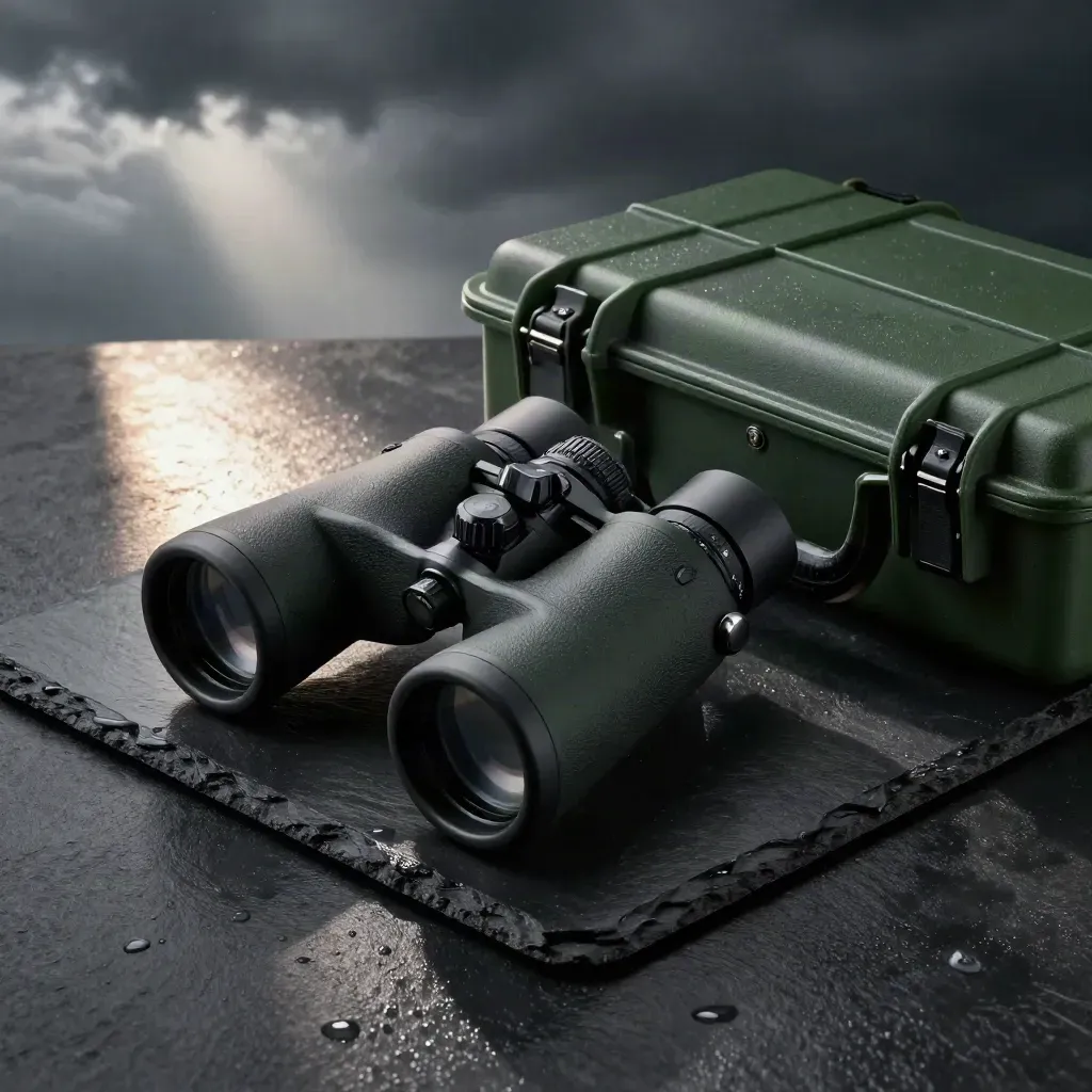 Fall optics bundle with scope, binoculars, rings, mounts, and hard case in dramatic storm light.