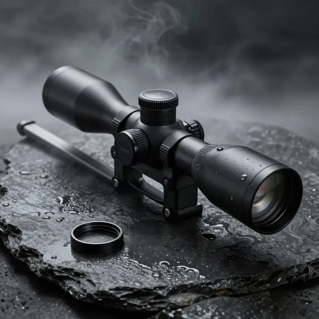 Dark rifle scope on wet stone with dew, rings, and mist in dramatic studio light.
