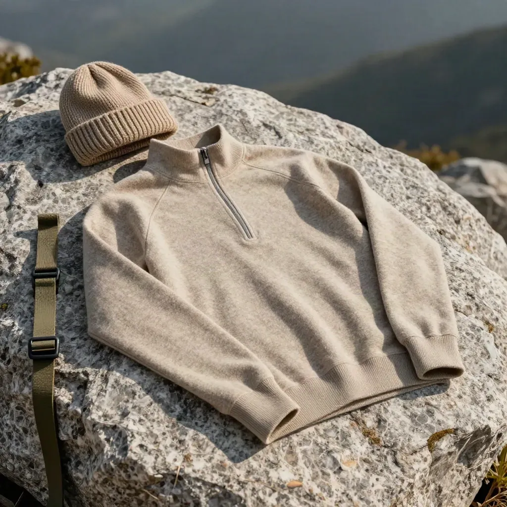 Merino base layer draped over a pale boulder with a knit beanie and pack strap in mountain haze.