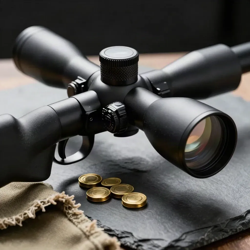 Close macro of a matte black rifle scope with brass rounds and khaki cloth on slate.