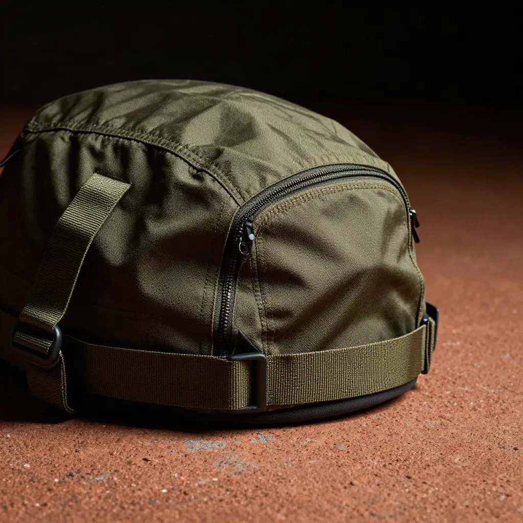 Close side macro of an olive hunting pack on rough concrete, half-open in raking light