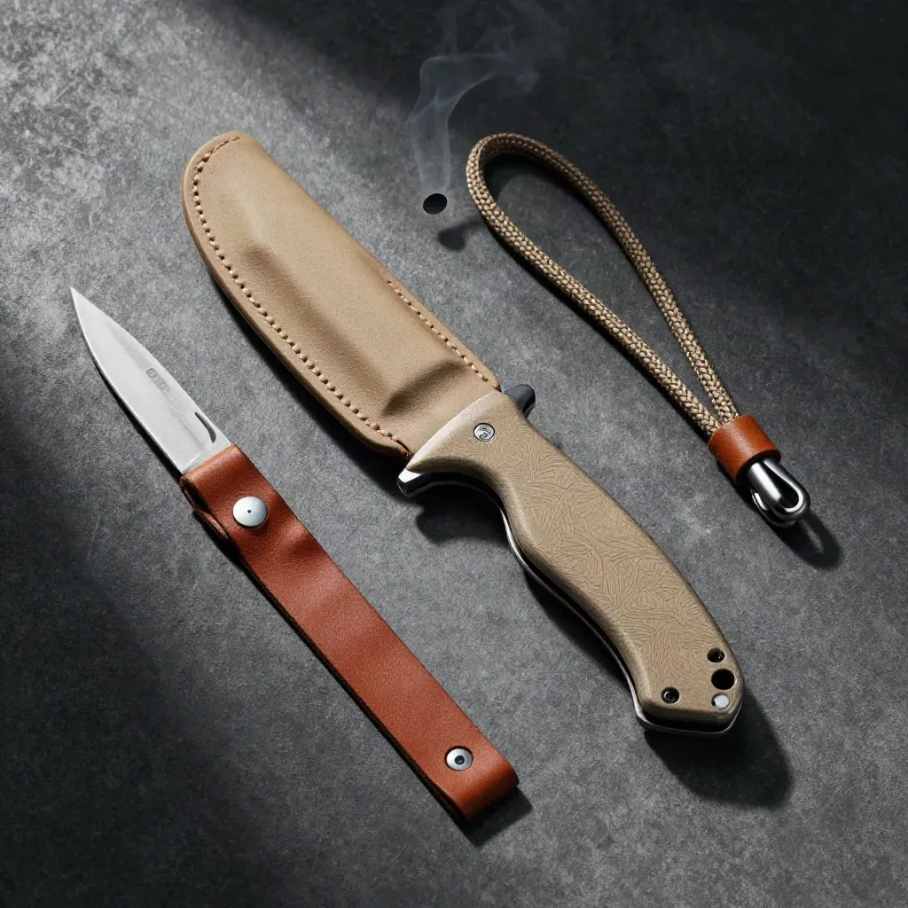 Overhead hunting knife flatlay with sheath, lanyard, leather strip, and dramatic shadow