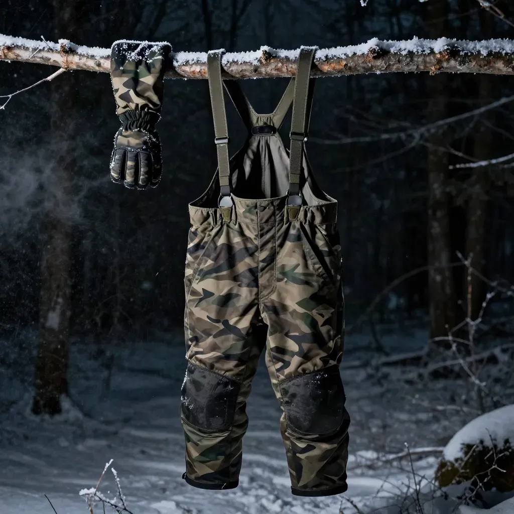 Late-season camo hunting bib hanging from a spruce branch above snow-dusted ground