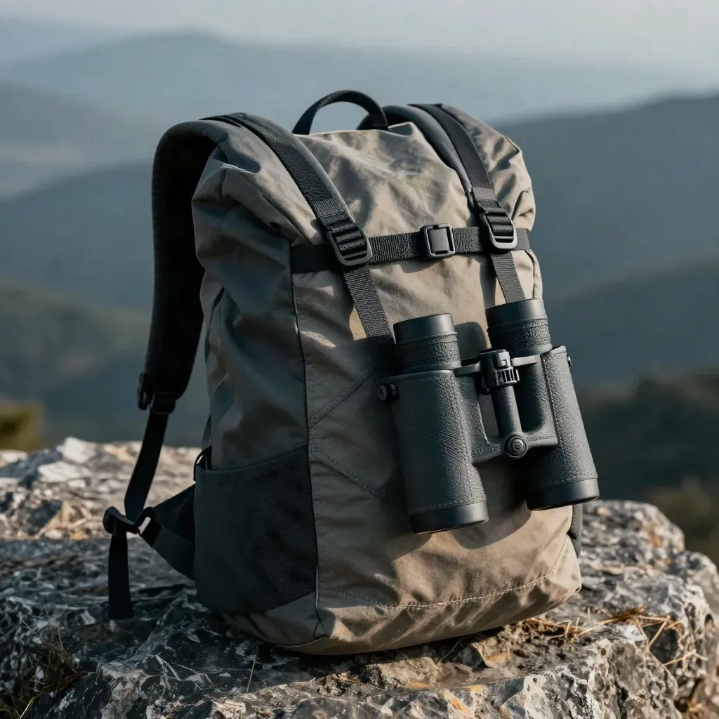Binocular harness with pack panel and rolled shell on a rocky overlook in soft mountain haze.