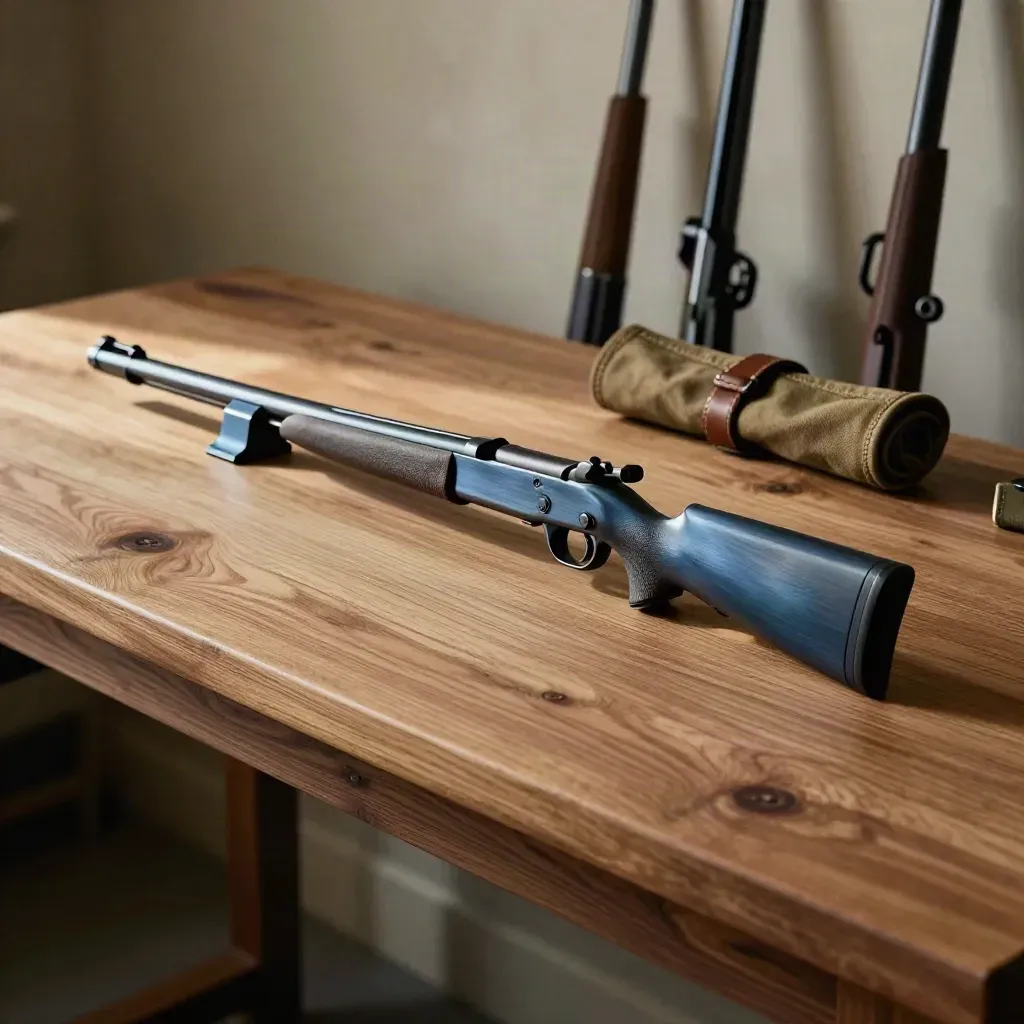 Oak worktop with blurred rifles, brushed metal hardware, and soft light in a quiet gear room.