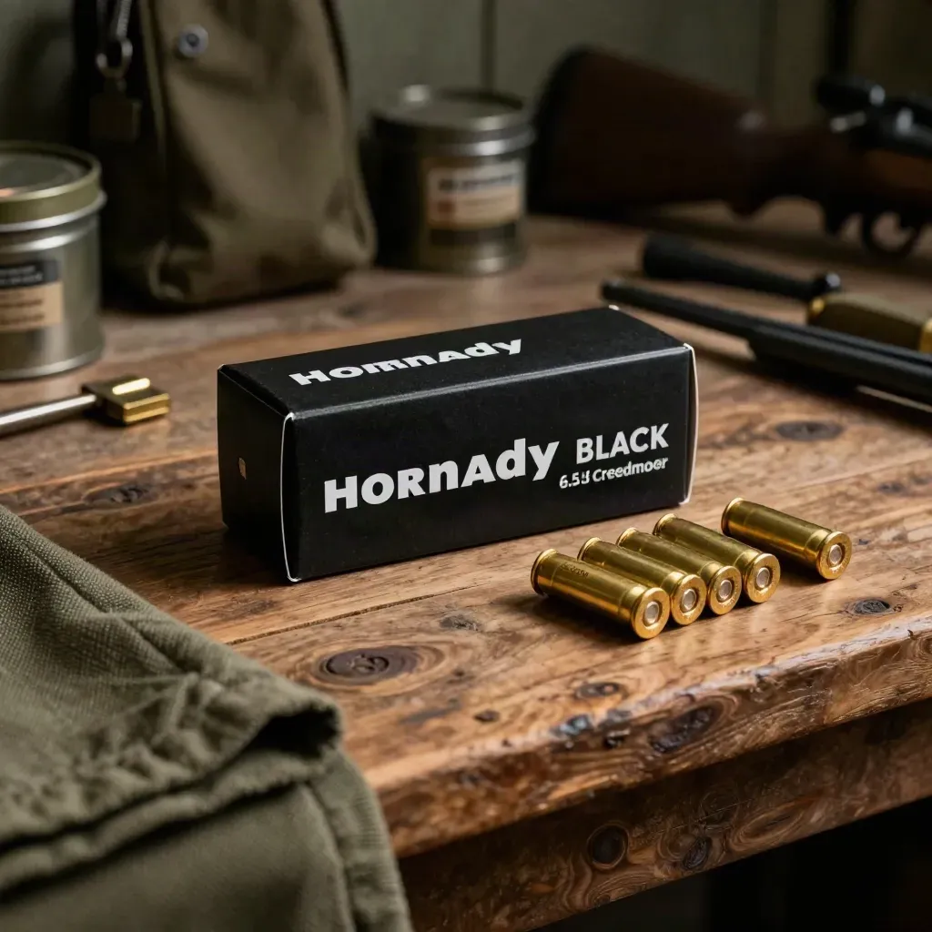 Ammo box with brass cartridges and olive cloth on a dark bench, soft studio light