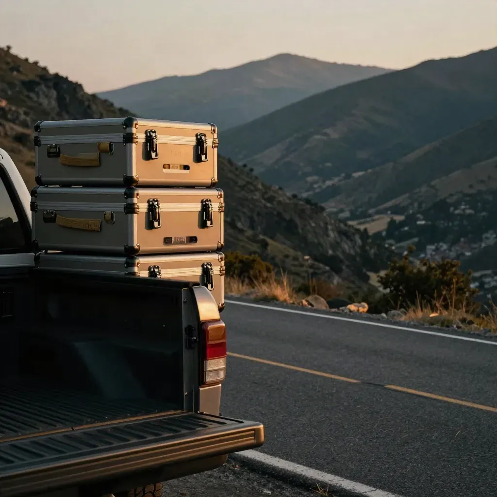 Sunlit mountain overlook with stacked optic cases on a truck bed and hazy ridgelines
